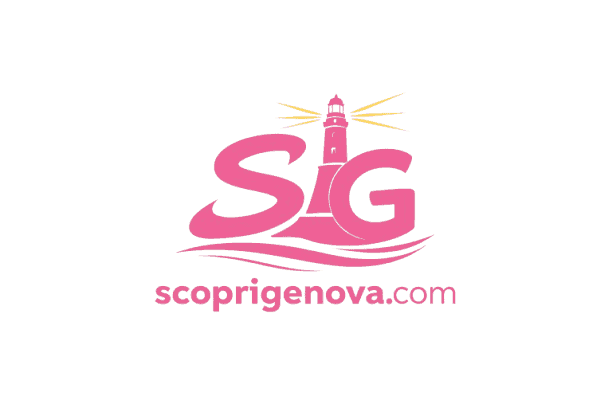 Logo di ScopriGenova con faro e testo rosa.
